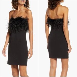 Bardot Dress Faux-Feather Trim Strapless Mini Bodycon Cocktail Black Sz XS